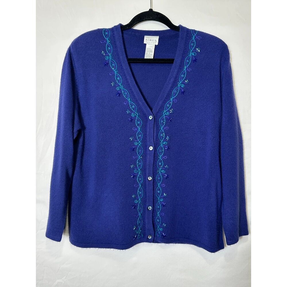 Koret Petites Women's Grannycore Embroidered & Beaded Button Up Cardigan Size LP